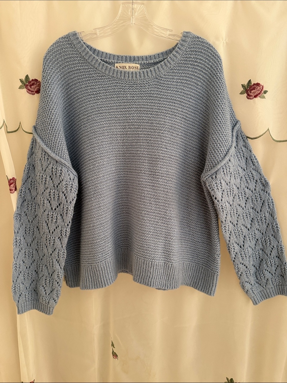 Knox Rose Powder Blue Knit Sweater with Lace Balloon Sleeves